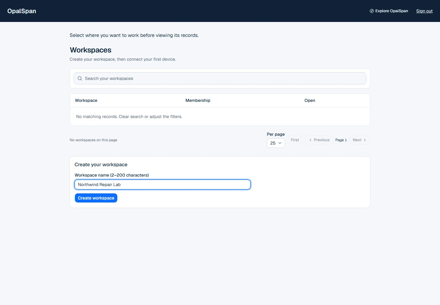 Example workspace form for fictional Northwind Repair Lab, with Workspace name and Create workspace.