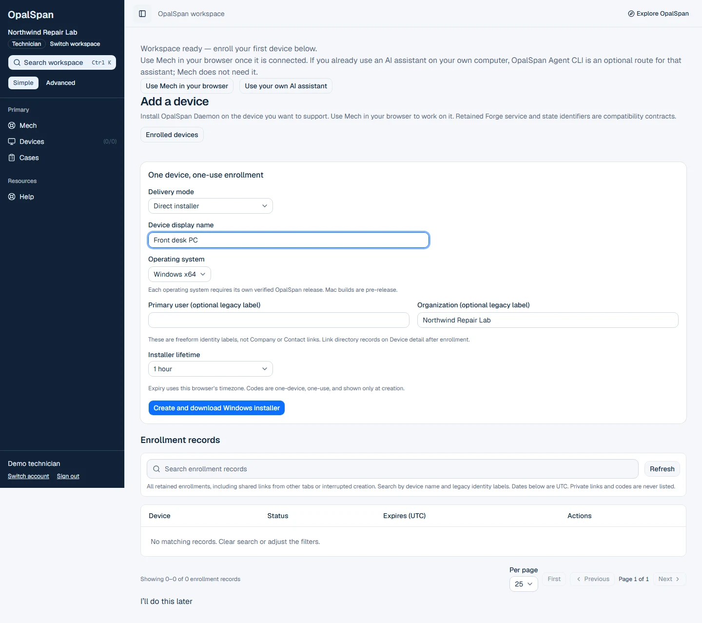 Example Windows installer form for fictional Front desk PC, with Direct installer and Windows x64 selected.