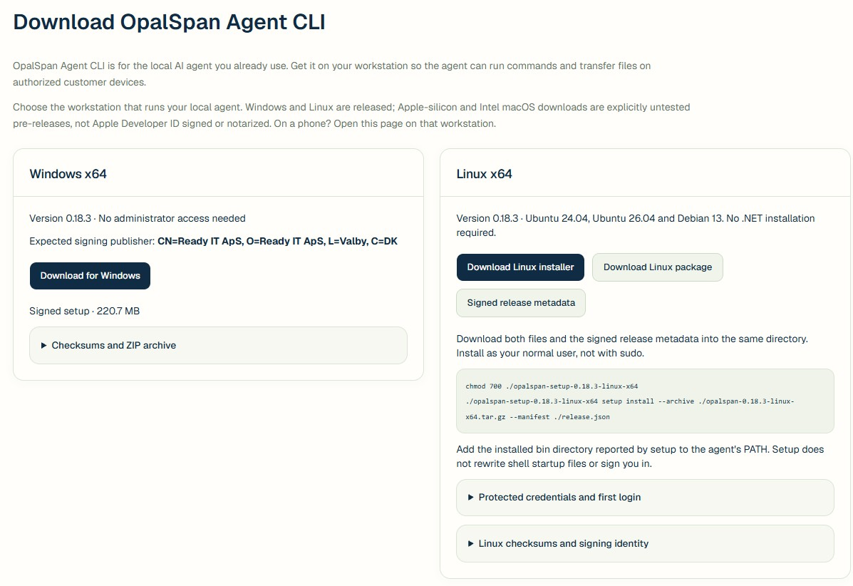 Current public OpalSpan Agent CLI download page showing Windows and Linux version 0.18.3, the expected Ready IT ApS Windows signing publisher and platform instructions.